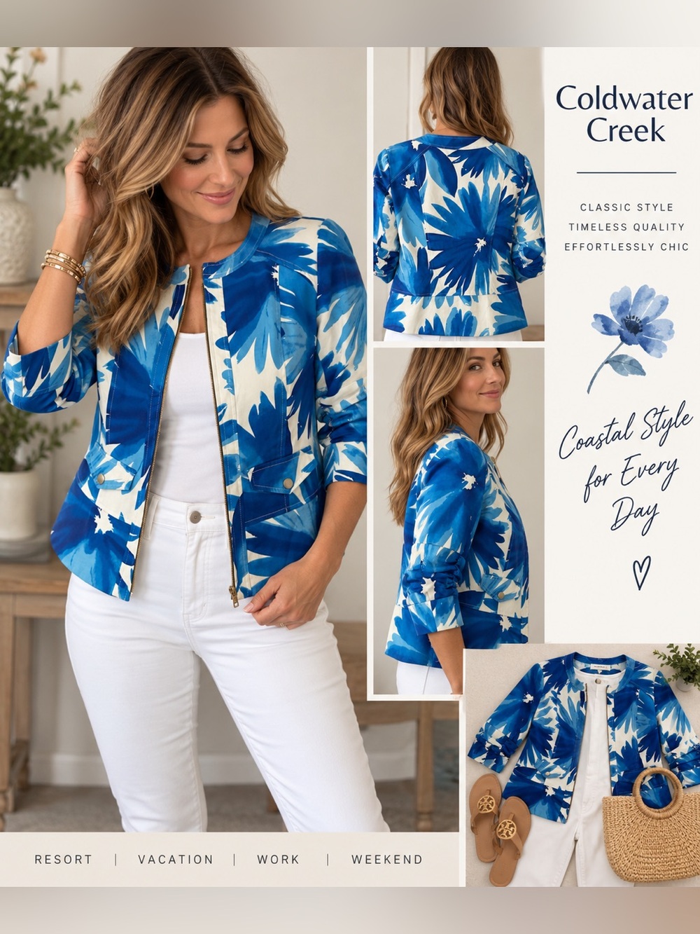 Coldwater Creek Blue Floral Jacket Women’s Petite 10 Coastal Resort Cottagecore
